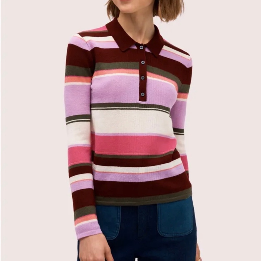 Kate Spade Fine Stripe Polo Sweater in Deep Fig - NWT $248